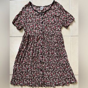 Vtg Via Max M Roses Print Black Lace Trim Short Sleeves Sundress Button Front